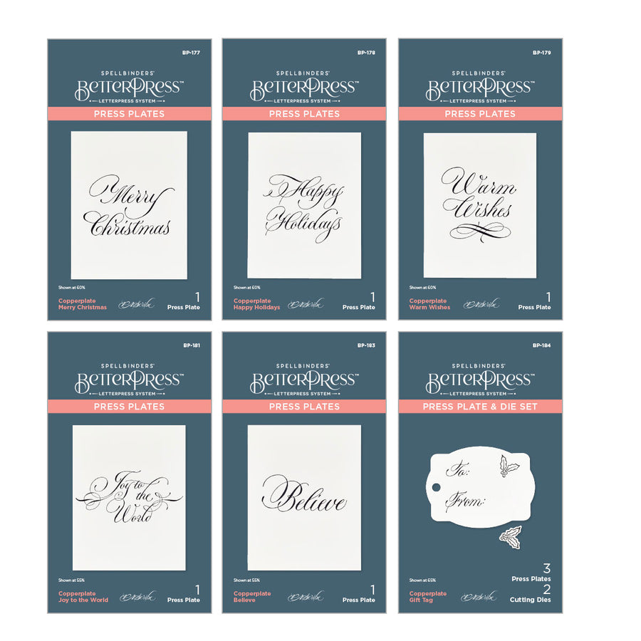 Spellbinders - Copperplate Holiday Sentiments BetterPress Plates Bundle from the Copperplate Holiday Sentiments Collection by Paul Antonio