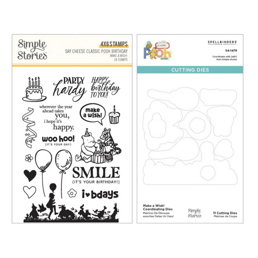 Spellbinders - Make a Wish! Clear Stamps & Die Bundle from the Say Cheese Classic Pooh Birthday Collection by Simple Stories