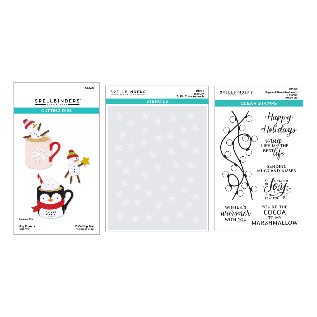 Spellbinders Merry Mugs & Kisses Bundle containing three products: cutting dies with penguin and mug illustrations, a sheet of white snowflake stencils, and clear stamps with holiday phrases on a white background.