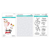 Spellbinders Merry Mugs & Kisses Bundle containing three products: cutting dies with penguin and mug illustrations, a sheet of white snowflake stencils, and clear stamps with holiday phrases on a white background.