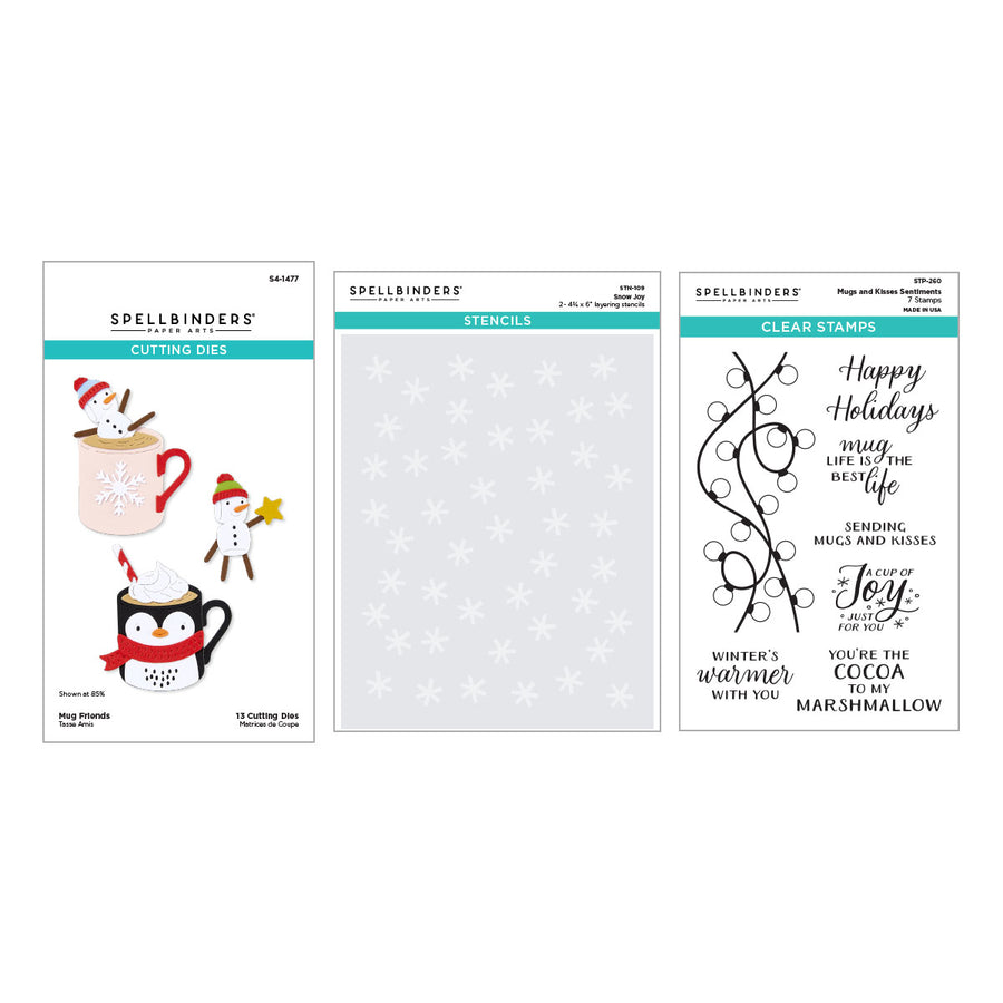 Spellbinders Merry Mugs & Kisses Bundle containing three products: cutting dies with penguin and mug illustrations, a sheet of white snowflake stencils, and clear stamps with holiday phrases on a white background.