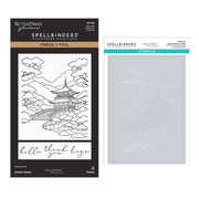 Spellbinders Autumn in Kyoto Press + Foil & Stencil Bundle by Alex Syberiapackaging shown next to the included stencils sheet, featuring a black-and-white line-art design of a Japanese pagoda and landscape.