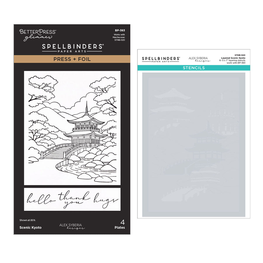 Spellbinders Autumn in Kyoto Press + Foil & Stencil Bundle by Alex Syberiapackaging shown next to the included stencils sheet, featuring a black-and-white line-art design of a Japanese pagoda and landscape.
