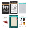 Six Spellbinders products arranged on a white background, including a press-on-eyes set, a Japanese landscape paper pack, stamps, red maple leaves cutting dies, a 3D embossed paper pack, and a kawaii doll paper pack. Spellbinders Autumn in Kyoto Curated Bundle by Alex Syberia