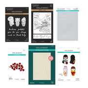 Six Spellbinders products arranged on a white background, including a press-on-eyes set, a Japanese landscape paper pack, stamps, red maple leaves cutting dies, a 3D embossed paper pack, and a kawaii doll paper pack. Spellbinders Autumn in Kyoto Curated Bundle by Alex Syberia