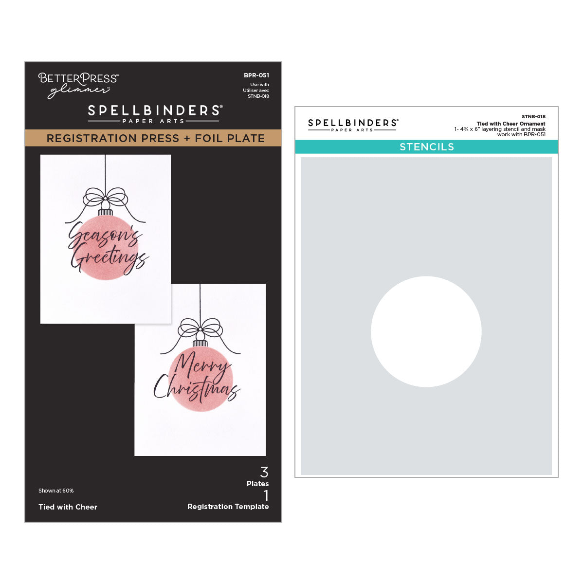 BetterPress Glimmer Spellbinders Registration Press and Foil Plate set shown with its retail packaging on the left and the stencil plate on the right, featuring holiday greeting card designs. Spellbinders Tied with Cheer Press + Foil Plate & Stencil Bundle