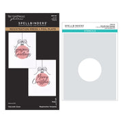 BetterPress Glimmer Spellbinders Registration Press and Foil Plate set shown with its retail packaging on the left and the stencil plate on the right, featuring holiday greeting card designs. Spellbinders Tied with Cheer Press + Foil Plate & Stencil Bundle
