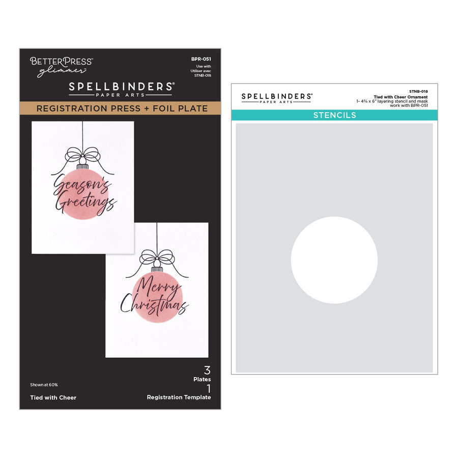 BetterPress Glimmer Spellbinders Registration Press and Foil Plate set shown with its retail packaging on the left and the stencil plate on the right, featuring holiday greeting card designs. Spellbinders Tied with Cheer Press + Foil Plate & Stencil Bundle