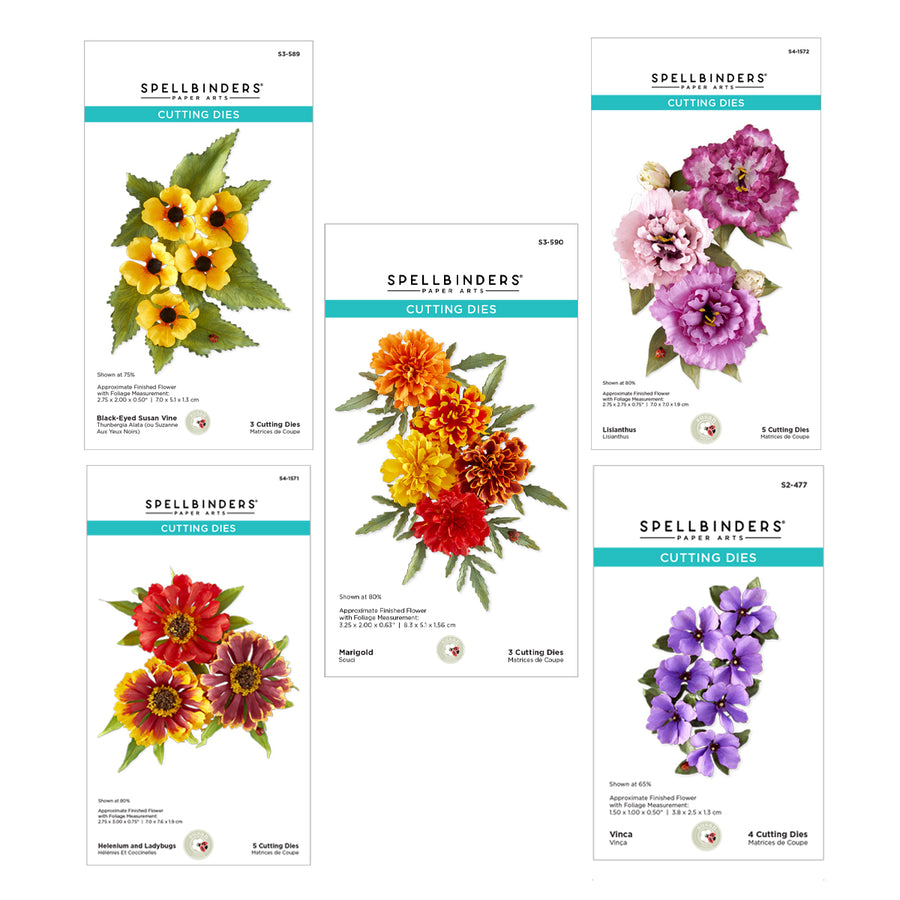 Five Spellbinders brand cutting die product cards arranged on a white background, each showing illustrated flowers and product details such as variety names, counts, and planting information. Spellbinders The Cottage Garden Die Bundle by Susan Tierney-Cockburn