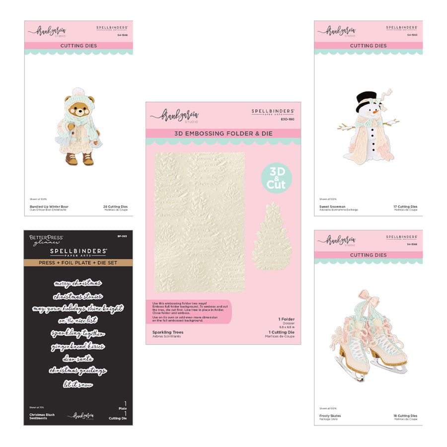 Spellbinders crafting dies and embossing folder set displayed on a white background, including a teddy bear, snowman, snow boots, and lettering dies with pink and teal packaging. Spellbinders Christmas Blush I Want It All! Bundle by Frank Garcia