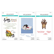 Three Spellbinders Stamp & Die Cutting Set cards shown side by side on a white background, displaying holiday-themed designs including penguins, a penguin in a basket, and a reindeer. Spellbinders Merry Mayhem Stamp & Die Bundle