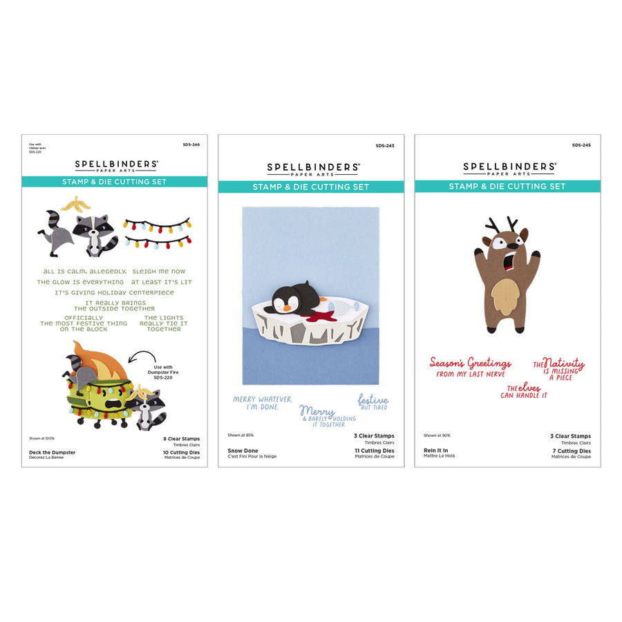 Three Spellbinders Stamp & Die Cutting Set cards shown side by side on a white background, displaying holiday-themed designs including penguins, a penguin in a basket, and a reindeer. Spellbinders Merry Mayhem Stamp & Die Bundle