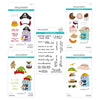 Spellbinders clear stamp and die cutting set sheet featuring multiple colorful cartoon character designs, including a pirate, owl, elf, and dinosaur, with clear stamp examples in the center. Spellbinders Snack Goals I Want It All! Bundle