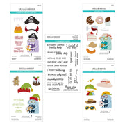 Spellbinders clear stamp and die cutting set sheet featuring multiple colorful cartoon character designs, including a pirate, owl, elf, and dinosaur, with clear stamp examples in the center. Spellbinders Snack Goals I Want It All! Bundle