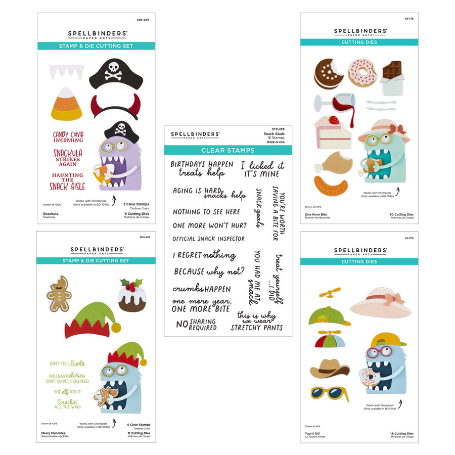 Spellbinders clear stamp and die cutting set sheet featuring multiple colorful cartoon character designs, including a pirate, owl, elf, and dinosaur, with clear stamp examples in the center. Spellbinders Snack Goals I Want It All! Bundle