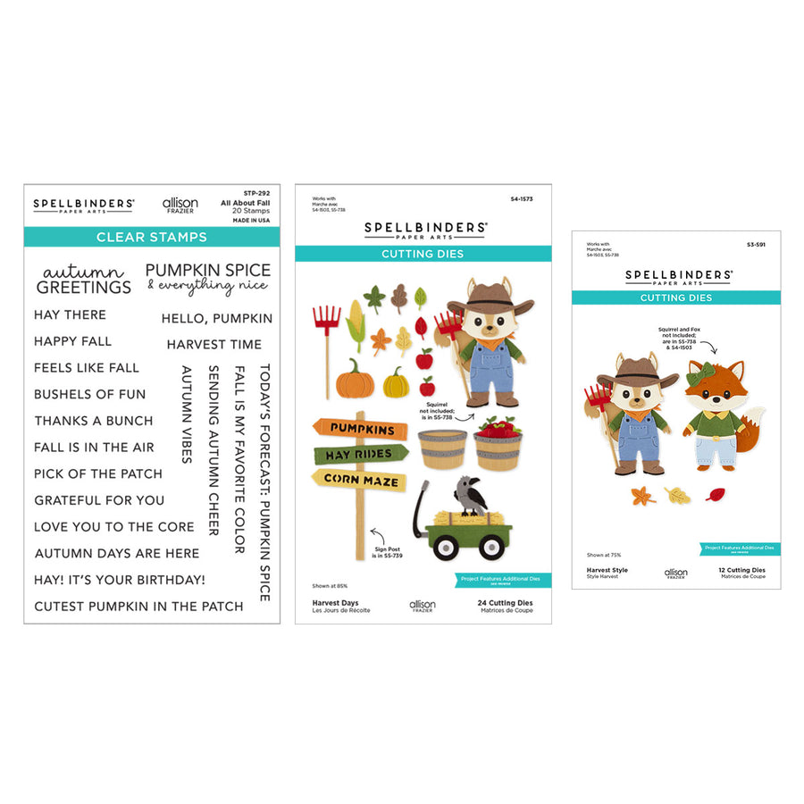 Three Spellbinders cutting dies for Fall Harvest displayed on a white background: Clear Stamps, Cutting Dies, and Scrapbook Papers. The packaging features autumn-themed illustrations of a harvest fox, pumpkins, a corn maze signpost, and a cat in a wagon. Spellbinders Fall Adventures I Want It All! Bundle by Allison Frazier