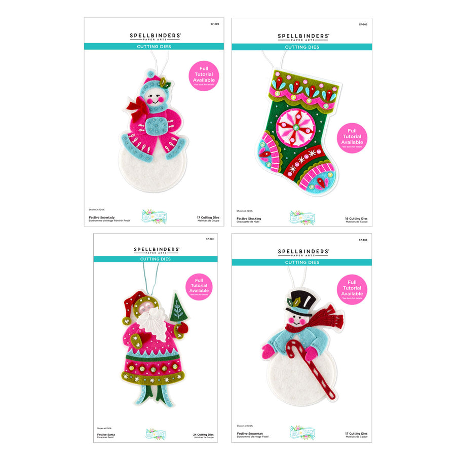 Four packaged Christmas felt ornament cutting dies packaging shown on a white background, each on its own card. The packages read Spellbinders and show colorful felt snowman, stocking, Santa, and snowman ornaments. Spellbinders Festive Felt Christmas I Want It All! Bundle by Lolli & Grace