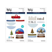 Two printed sheets of Spellbinders 'Simon Hurley' cutting dies, showing holiday-themed die designs including a red truck, 'Tis the Season' signs, a snow globe with a Christmas tree, and city skating scenes on a white background. Spellbinders Snow Globe Scenes Die Bundle by Simon Hurley