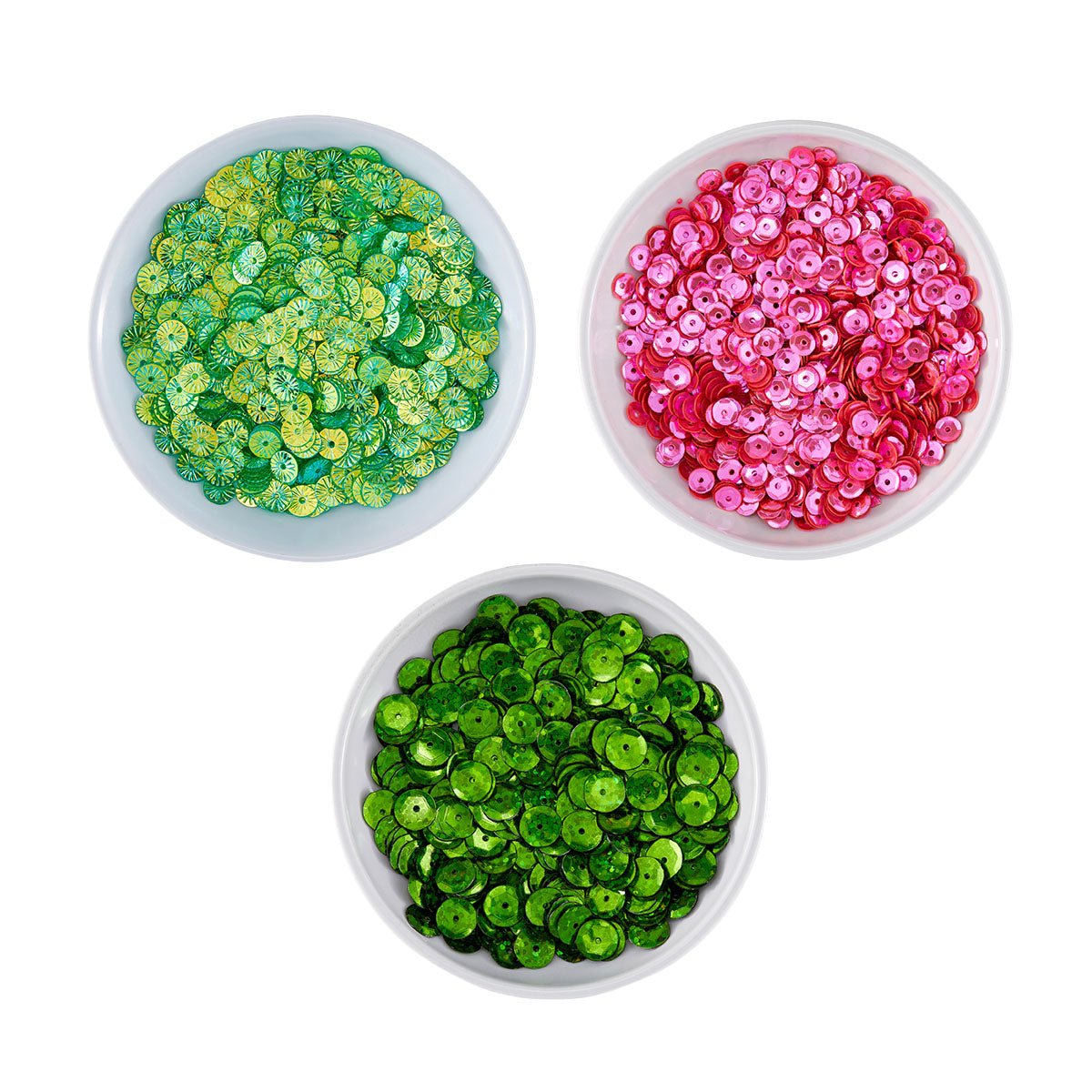 Three small white bowls filled with round sequins, arranged on a white background: one green-and-yellow mix, one bright pink, and one vivid green. Spellbinders Festive Felt Christmas Sequin Bundle