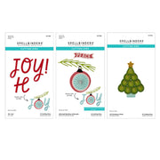 Three Spellbinders Cutting Dies product cards arranged side by side on a white background, showing festive designs including red 'Joy! H' lettering, a red ornament with green pine branches, and a green Christmas tree. Spellbinders Oh Christmas Stitch I Want It All! Bundle