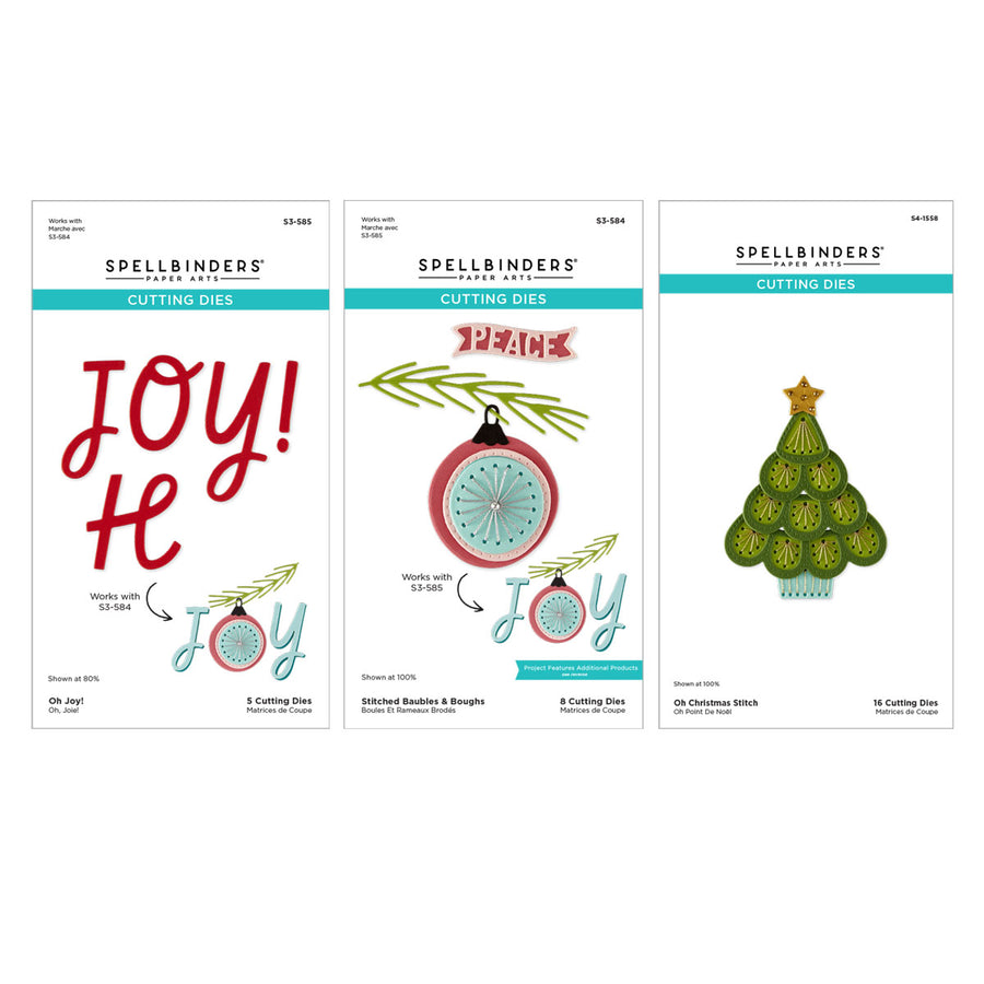Three Spellbinders Cutting Dies product cards arranged side by side on a white background, showing festive designs including red 'Joy! H' lettering, a red ornament with green pine branches, and a green Christmas tree. Spellbinders Oh Christmas Stitch I Want It All! Bundle
