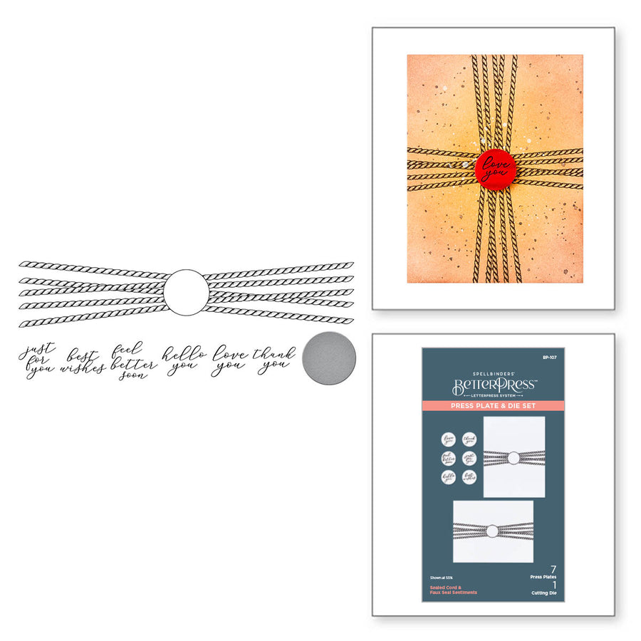 Spellbinders - Sealed Cord & Faux Seal Sentiments Press Plate & Die Set from the Pressed Posies Collection