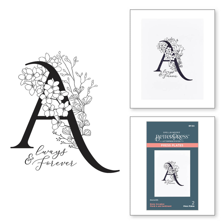 Spellbinders - Floral A and Sentiment Press Plate from the Every Occasion Floral Alphabet Collection