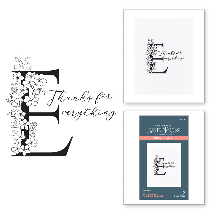 Spellbinders - Floral E and Sentiment Press Plate from the Every Occasion Floral Alphabet Collection