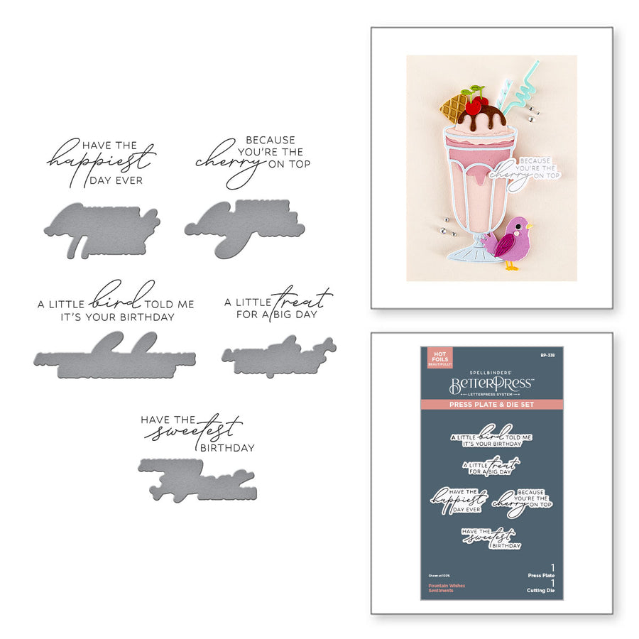 Spellbinders - Fountain Wishes Sentiments BetterPress Plate & Die Set from the Happier Hour Collection