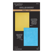 BetterPress Glimmer Spellbinders Paper Arts Press + Foil A2 Solid Rectangle plate in a black package with a gold and blue color sample.