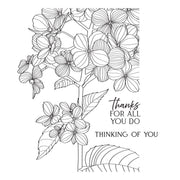 Black and white floral line art design with the text 'Thanks FOR ALL YOU DO THINKING OF YOU' on a plain white background.