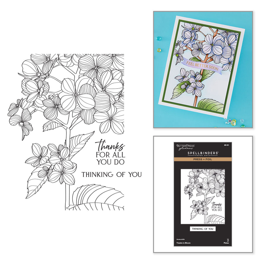 A floral craft product set shown on a white background: a black-and-white line-art floral stamp design with the text 'thanks for all you do THINKING OF YOU,' a handmade card featuring matching purple flowers and green leaves on a turquoise background, and the Spellbinders Thanks in Bloom Press + Foil Plates packaging