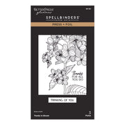 BetterPress Glimmer Spellbinders Paper Arts Press + Foil stamp set packaging, featuring a black and white floral line art design with the text 'thanks for all you do' and 'THINKING OF YOU'. Spellbinders Thanks in Bloom Press + Foil Plates