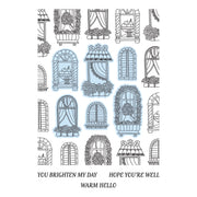 A sheet of designs featuring various illustrated window and flower box motifs in black outlines with light blue fills, plus the text 'YOU BRIGHTEN MY DAY HOPE YOU'RE WELL WARM HELLO' at the bottom.