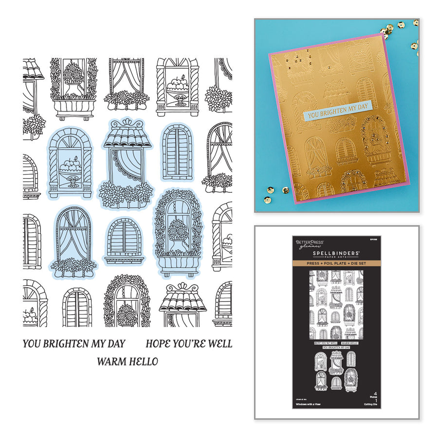 A collage showing a stamp set and a stamped card. The left panel displays a sheet of window-themed stamps in black and light blue with the text 'YOU BRIGHTEN MY DAY HOPE YOU'RE WELL WARM HELLO'. Spellbinders Windows with a View Press + Foil Plate & Die Set