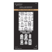 BetterPress Glimmer Spellbinders Press + Foil Plate + Die Set, featuring black and white illustrated window and door designs on the packaging. Spellbinders Windows with a View Press + Foil Plate & Die Set