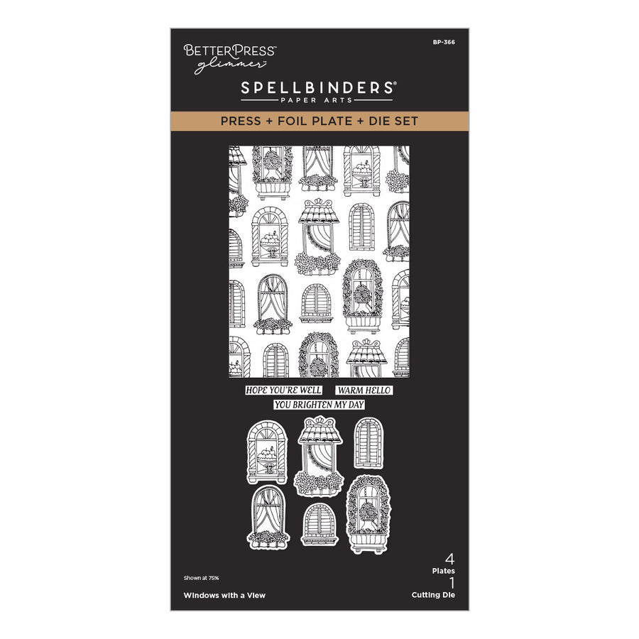 BetterPress Glimmer Spellbinders Press + Foil Plate + Die Set, featuring black and white illustrated window and door designs on the packaging. Spellbinders Windows with a View Press + Foil Plate & Die Set
