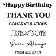 A white square graphic with black text reading 'Happy Birthday THANK YOU CONGRATULATIONS JUST A NOTE Love Always FROM ALL OF US' in mixed serif and script fonts.