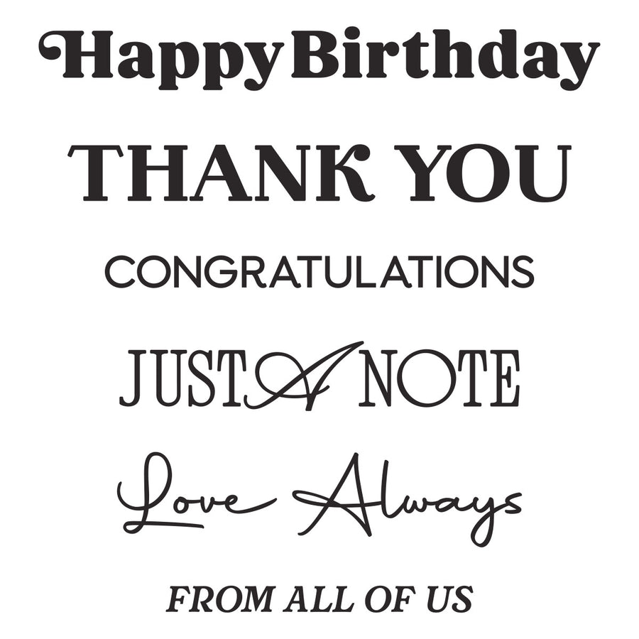 A white square graphic with black text reading 'Happy Birthday THANK YOU CONGRATULATIONS JUST A NOTE Love Always FROM ALL OF US' in mixed serif and script fonts.