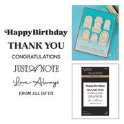 Birthday thank you card set by Spellbinders called Timeless Greetings Press + Foil Plates, featuring a turquoise card with gold-toned arch illustrations and a black-and-white card with gold accents, shown alongside decorative text on a white background.