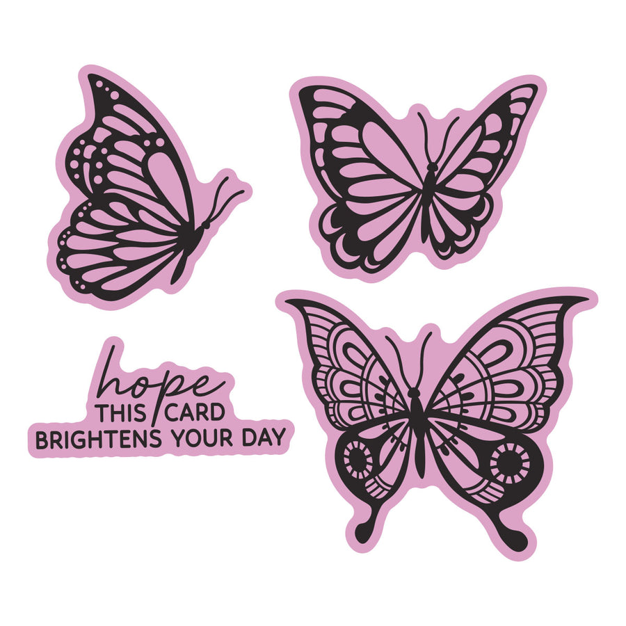 Three butterfly-shaped decorative stickers or decals with black ornamental line art and pink outlines, plus a smaller text sticker reading 'hope THIS CARD BRIGHTENS YOUR DAY' on a white background.