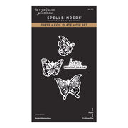 BetterPress Glimmer Spellbinders Paper Arts Press + Foil Plate + Die Set called Bright Butterflies, featuring three butterfly designs and a 'hope this card brightens your day' stamp on a black cardstock packaging.