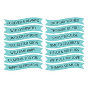 A set of light blue ribbon-shaped banners with black printed birthday and congratulations messages, arranged in two columns on a plain white background.
