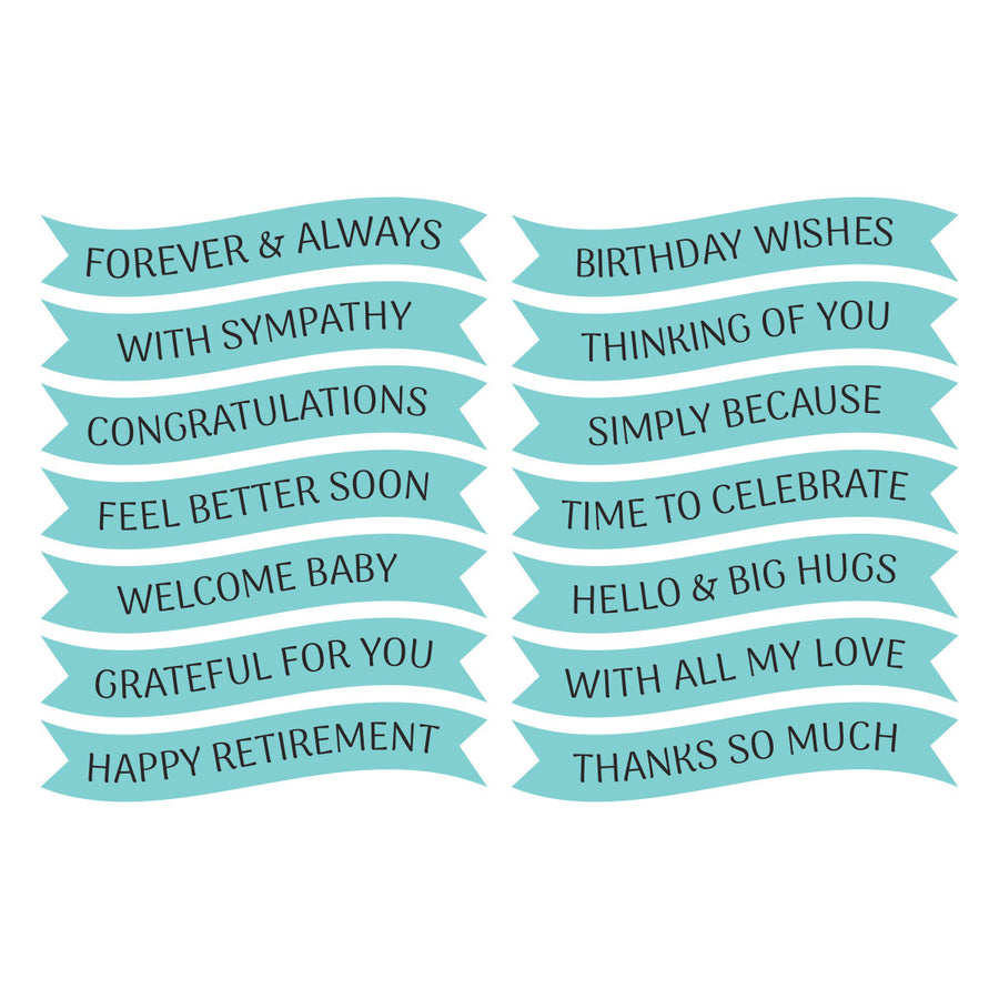A set of light blue ribbon-shaped banners with black printed birthday and congratulations messages, arranged in two columns on a plain white background.