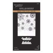 Spellbinders Press + Foil Plate + Die Set by Better Press Glitter, featuring a black package with a white window showing black snowflake and dot foil designs, plus sample holiday phrases. Spellbinders Winter Peace Press + Foil Plate & Die Set