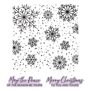 Black snowflake and dot pattern with purple greeting text reading 'May the Peace OF THE SEASON BE YOURS' and 'Merry Christmas TO YOU AND YOURS' on a white background.
