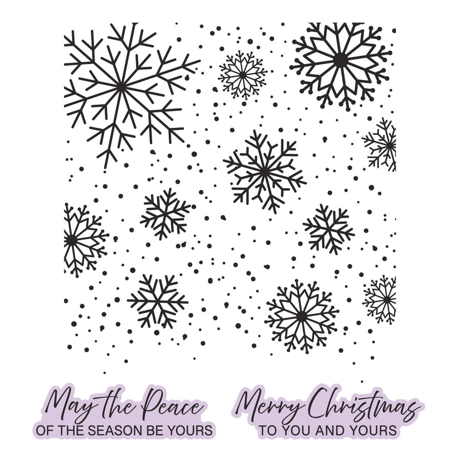 Black snowflake and dot pattern with purple greeting text reading 'May the Peace OF THE SEASON BE YOURS' and 'Merry Christmas TO YOU AND YOURS' on a white background.