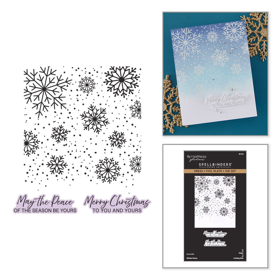 A collage showing a snowflake-themed crafting set: a sheet of black snowflake and dot cutout designs with the phrases “May the Peace of the Season Be Yours” and “Merry Christmas to You and Yours,” a handmade layered card with white snowflakes on a blue gradient background, and a package of Spellbinders Snowflake Stamper embossing and cutting sheets. Spellbinders Winter Peace Press + Foil Plate & Die Set
