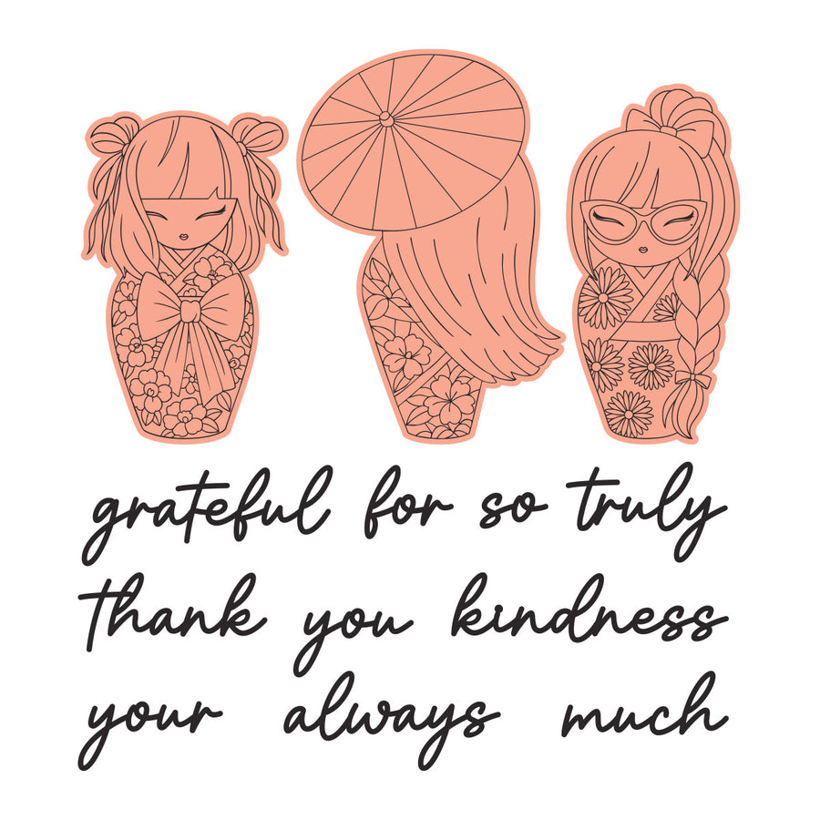 A graphic design featuring three cute, peach-colored Japanese doll illustrations with floral patterns, an umbrella, and braided hair, above the handwritten text 'grateful for so truly thank you kindness your always much' on a white background. Spellbinders Autumn in Kyoto Press + Foil Plate & Die Set by Alex Syberia