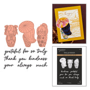 A collage showing a crafting product set: three peach line-art die-cut character stamps on the left, a finished stamped card with a colorful umbrella and Japanese-style illustration on the top right, and the Spellbinders 'Grateful' stamp set packaging on the bottom right.